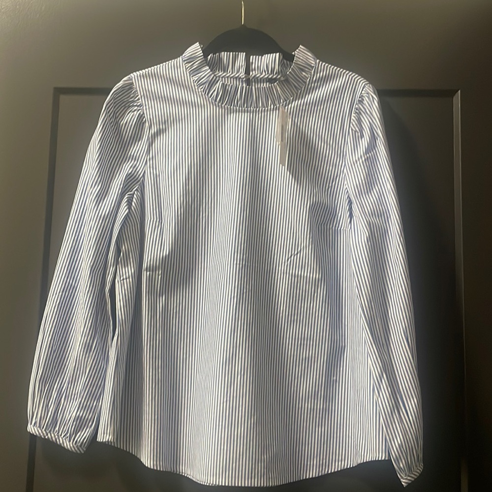 NWT J.Crew Ruffleneck Blue and White Striped Top